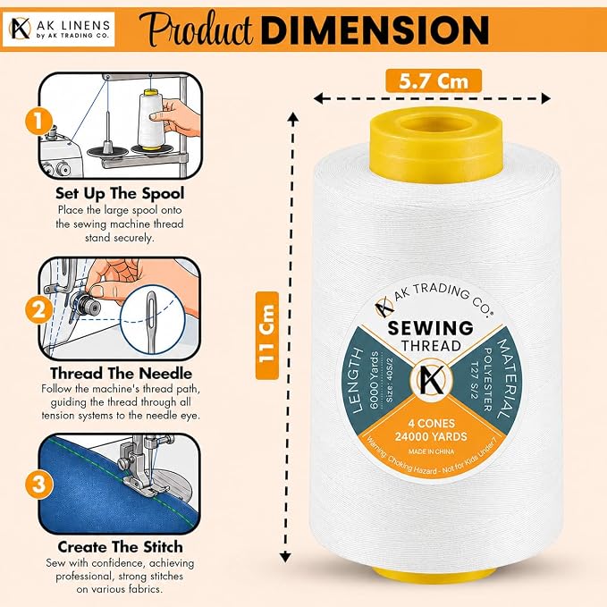 AK Trading 4-Pack White All Purpose Sewing Thread Cones (6000 Yards Each) of High Tensile Polyester Thread Spools for Sewing, Quilting, Serger Machines, Overlock, Merrow & Hand Embroidery