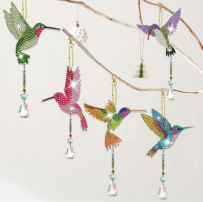 6 Pcs Diamond Painting Wind Chimes Rhinestone Hummingbird Diamond Art Suncatcher Double Sided 5D DIY Diamond Painting Kits for Adults Christmas Ornament Best Gifts for Mother