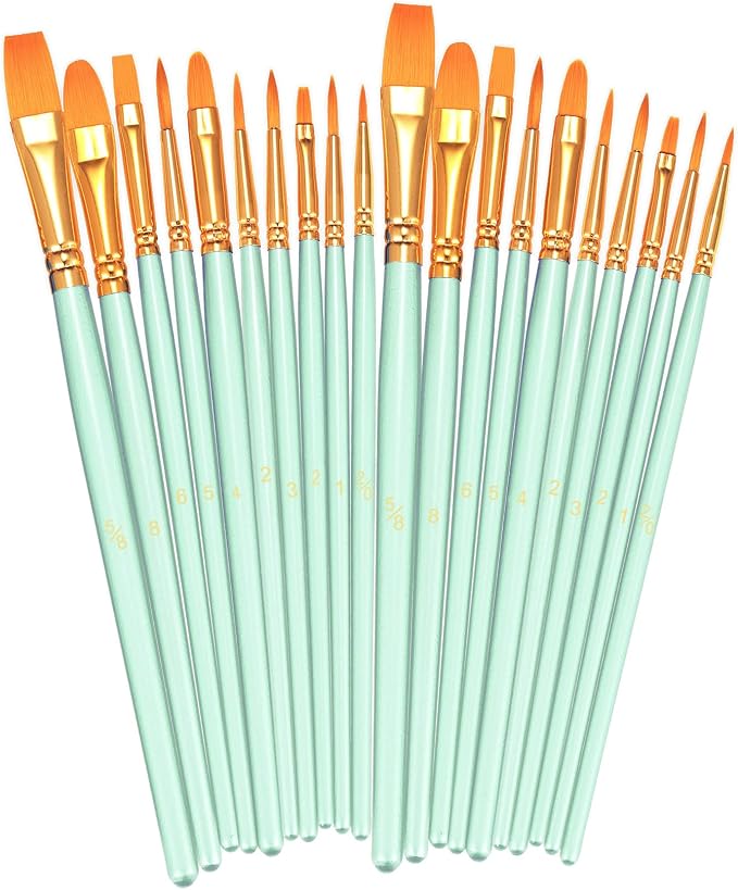 BOSOBO Paint Brushes Set, 20 Pcs Small Paint Brush Kit Round Flat Tip Nylon Hair, for Acrylic Painting, Watercolor, Oil Painting, Kids Face Nail Art Canvas Rock Craft, Art Supplies, Green