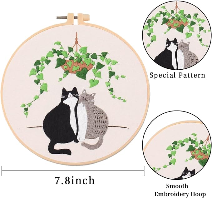 LB Funny Cat Embroidery Kit for Beginners Adults, 3 Sets Hand Embroidery Starter Kit with Floral Pattern and Instructions Stamped Cross Stitch Kits Include Embroidery Hoop Needles Threads Scissors