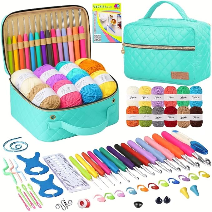 Yarniss Crochet Kit for Beginner,Complete Crochet Kit for Adult,Bright Blue | 14 Size Ergonomic Crochet Hooks & 12 Crochet Yarns Balls & Crochet Bag,Learn to Crochet with Step by Step Video Tutorial