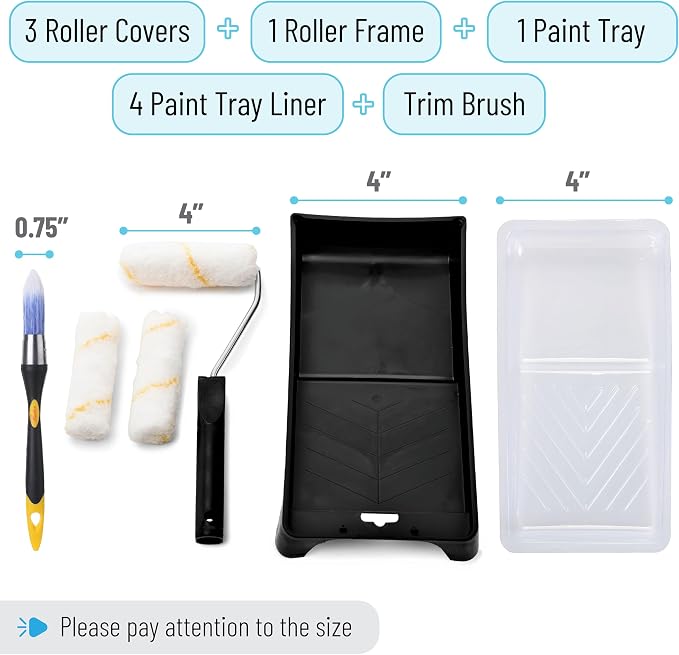 Bates- 4-Inch Paint Roller Kit, 10 pcs, Roller Set with Microfiber Sleeves & Frame, Tray, Tray Liner and Trim Brush for Walls, Cabinets, Interior, Exterior, House Painting Supplies