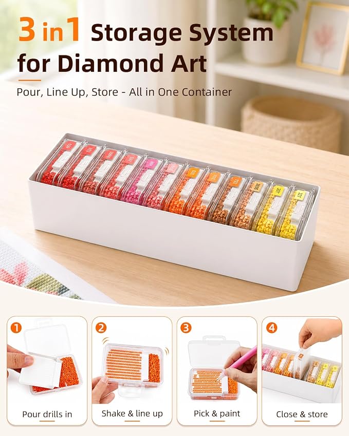 Redtwo 48 PCS Diamond Painting Storage Containers Trays, White | 3-in-1 Diamond Painting Trays with Lids, Detachable Trays, 4 Adjustabe Racks, Diamond Art Accessories, Diamond Art Storage