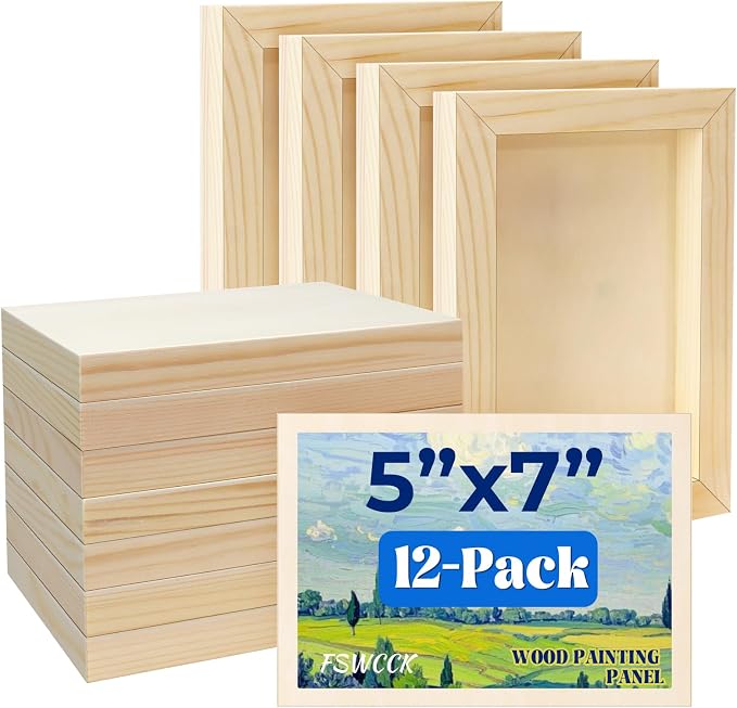 FSWCCK 12 Pack 5 x 7’’ Wooden Panel Boards, 0.79’’ Deep Unfinished Wood Canvas Panels for Crafts, Painting Canvas, DIY Art Projects, Pouring Arts