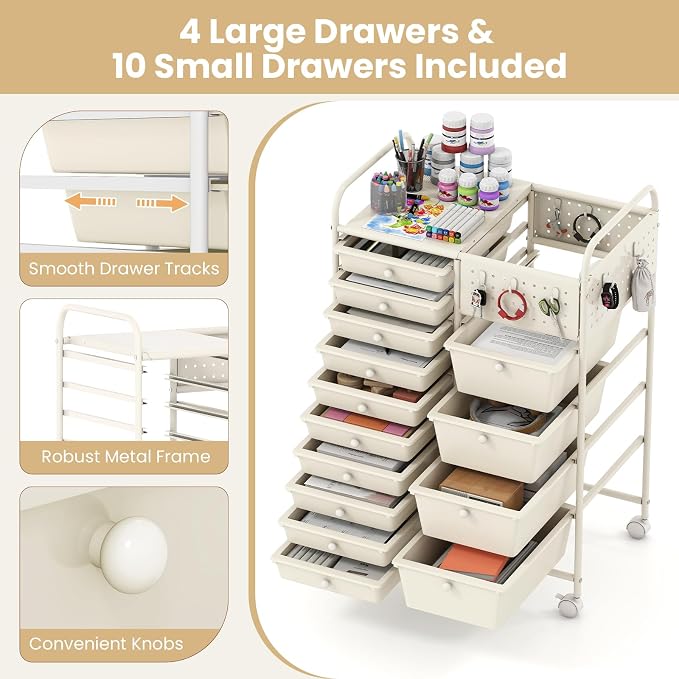 Giantex 14 Drawer Storage Cart, Rolling Craft Cart with Metal Tabletop & Pegboard, Mobile Utility Organizer Trolley with Locking Wheels, Home Office, Ivory