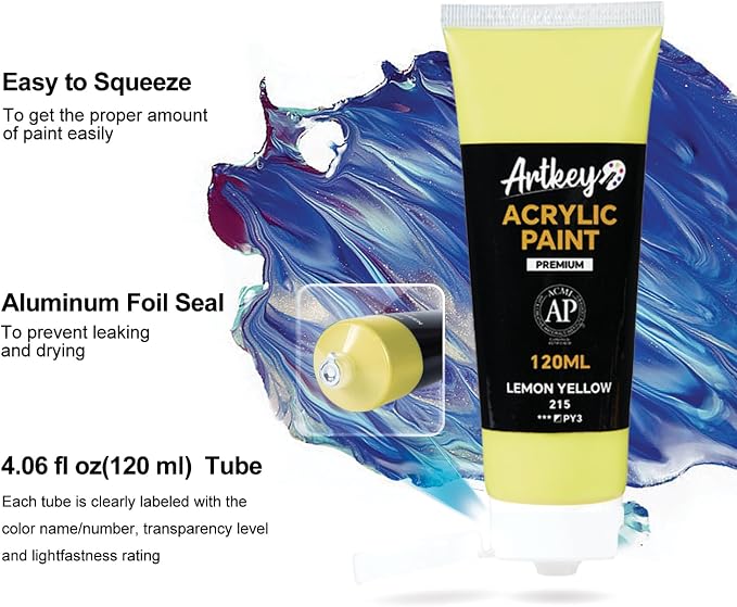Artkey Acrylic Paint - Lemon Yellow (120 ml/4.06 oz) Tubes, Rich & Vibrant Pigments, Professional Artists Acrylic Paints - Art Supplies for Canvas Wood Rock Clay Fabric Ceramics Art Crafts Painting