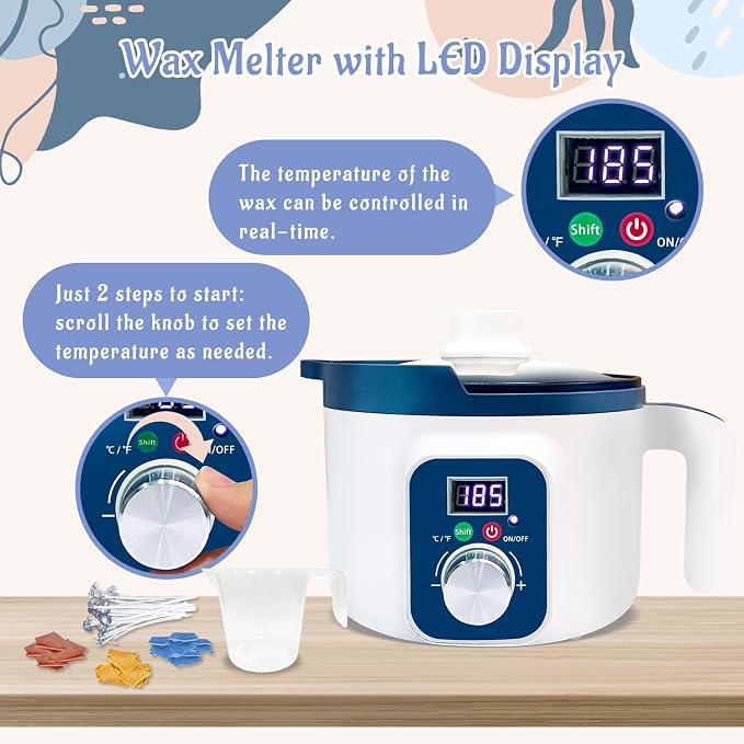 KQU Digital Wax Melting Pot with Temperature Control for Candle Making | wax melter pot with automatic turn off includes wicks, color dyes, spoon, measuring cup