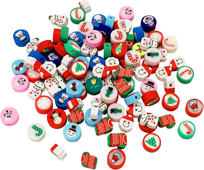 100 Pcs Christmas Polymer Clay Beads Cartoon Heishi Spacer Beads Supplies for DIY Bracelet Earring Necklace Jewelry Making