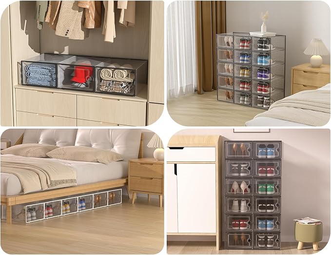 Kuject XX-Large Shoe Storage Boxes 12 Pack, Clear Stackable Shoe Organizer