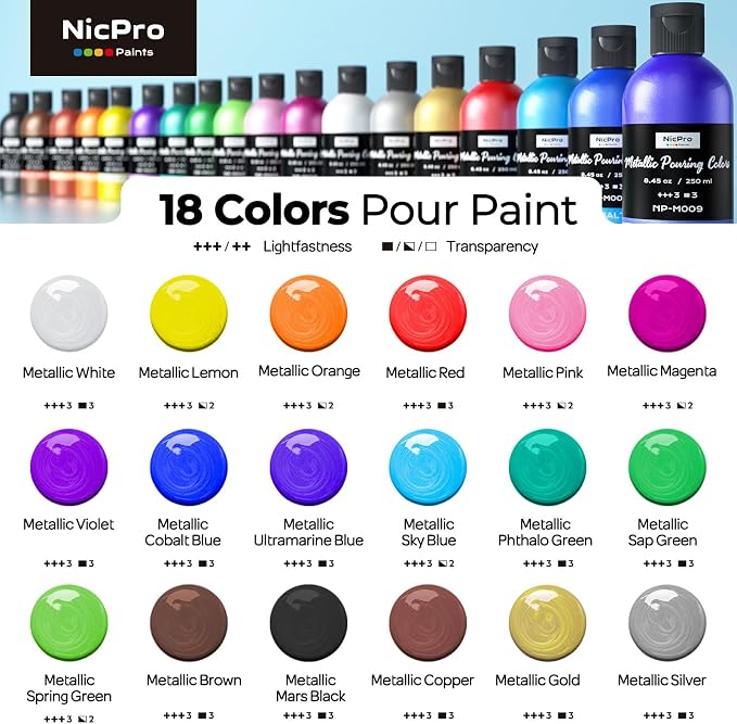 Nicpro 18 Colors 8.45oz Large Volume Metallic Acrylic Pour Paint Kit