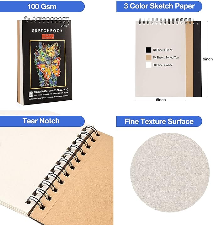 Prina 76 Pack Drawing Set Sketching Kit, Pro Art Supplies with 3-Color Sketchbook, Include Tutorial, Colored, Graphite, Charcoal, Watercolor & Metallic Pencil, for Artists Adults Teens Beginner