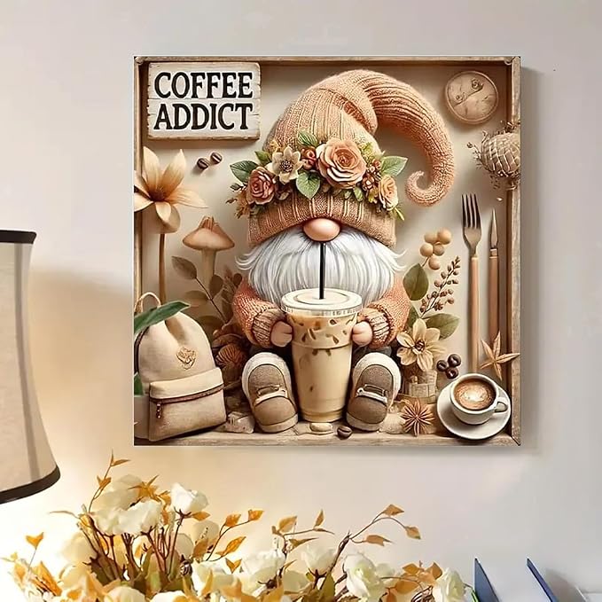 Diamond Art Kits for Adults,Gnome Drinks Coffee 5D Diamond Painting | 5D DIY Full Round Gem Crystal Art Paint by Diamond, Home Wall Decor 14x 14 in