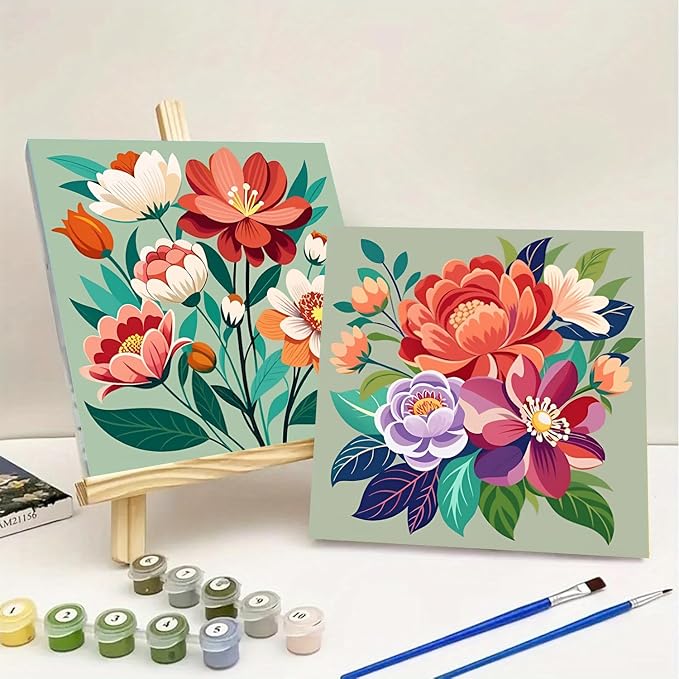 Sretoul Flowers Paint by Numbers Kit for Adults Framed Easel 4 Pack 8X8 in