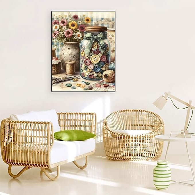 Accompany Wind 5D Diamond Painting Kits for Adults -Vintage Sewing Room with Buttons Jar Full Drill Diamond Art Craft Kits for Adults - Diamond Art Kits for Home Wall Decor 12×16 Inch