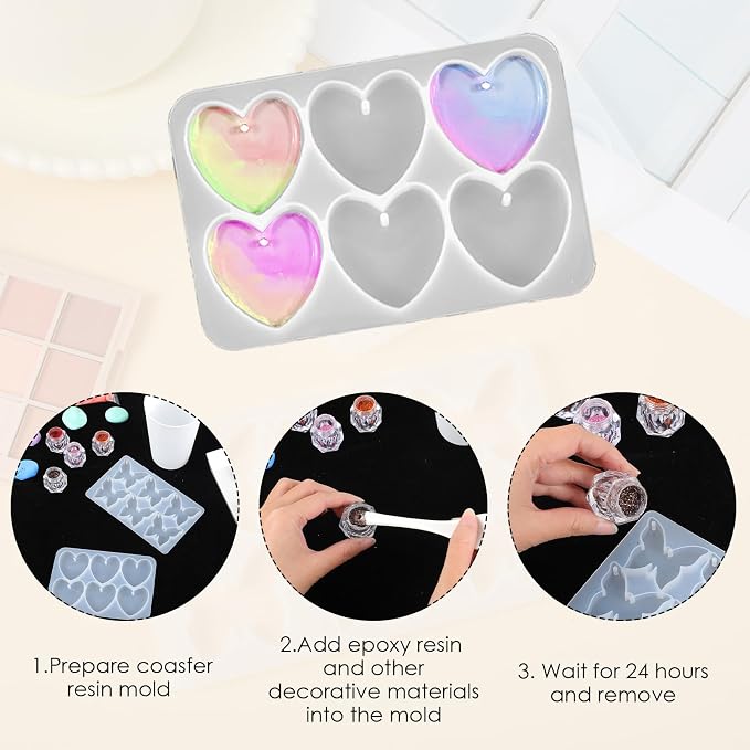 Butterfly Molds Silicone, 2 Pack Fondant Molds 6 Grids Epoxy Resin Mold with Hole Keychain Pendant Mold Heart Shape for DIY Crafts Jewelry Making