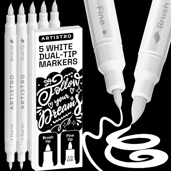 ARTISTRO 5 White Dual-Tip Acrylic Paint Marker Pens for Drawing | For Fabric, Rock, Glass, Wood, & Molds, Arts & Crafts Gift for Adults, Teens, & Kids, Classroom Must Haves & School Supplies