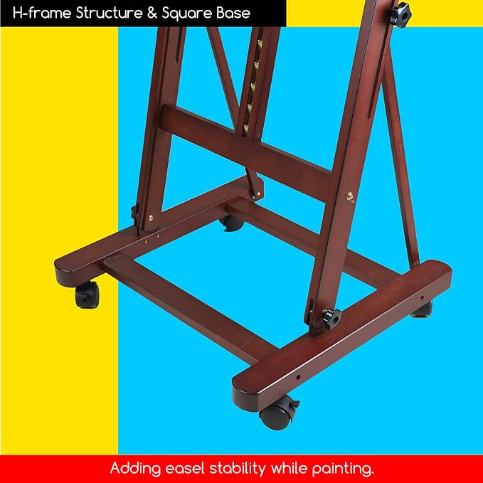 MEEDEN Studio Wood H-Frame Easel: Art Easel with Storage for Artist | Wooden Artist Painting Easel on Wheel - Floor Easel with Movable Tilting for Adults Artist Art Students Beginners Deep Walnut