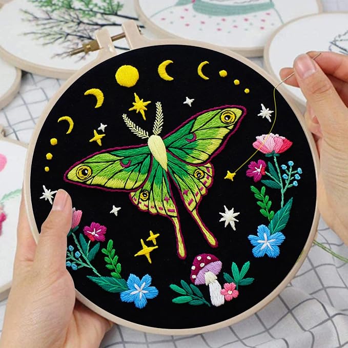 Nuberlic Moth Embroidery Kits for Beginners,Cross Stitch Kits | Embroidery Starter Needlepoint Including Cloth with Pattern, Hoop, Needles Instruction and Threads,Gifts and Home Decor