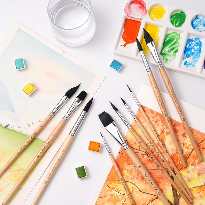 Watercolor Brush Set, Fuumuui 10pcs Professional Synthetic Squirrel Paint Brushes for Artists - Flat, Round Pointed, Dagger, Cats Tongue Oval Wash