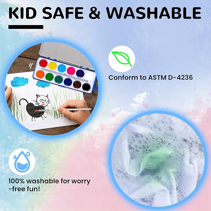 VEESA 12-Colors Watercolor Paint Set for Kids, 12 Pack，Washable | Non-Toxic, Wood Brushes Included, for Classroom, Party Favors, Birthday Gifts