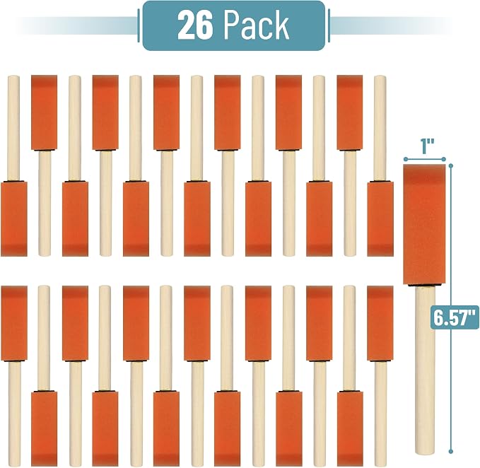 Bates- Foam Paint Brushes with Wood Handle, 1 Inch, 26 Pack, Orange, Sponge Brushes for Painting, Sponge Paint Brush