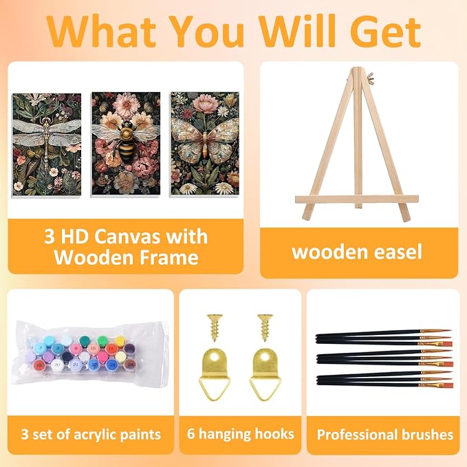 Mandun Insect Paint by Numbers Kit for Adults, 3 Pack, 7.8x11.8 inch | DIY Painting Kits Crafts for Adults, Relieve Stress, Frame Canvas, Wooden Easel, Gift Box, Home Wall Decor