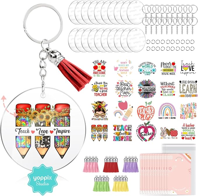 YOPPIX 140 PCS Acrylic Keychain Blank Set, Teachers Double-Sided UV DTF Stickers Acrylic Keychain Making Kits for Vinyl DIY Craft Project
