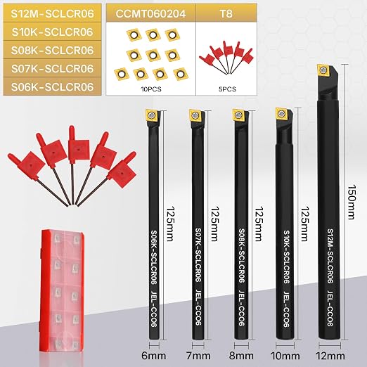 S06K/S07K/S08K/S10K/S12M-SCLCR06 Indexable Lathe Turning Tool 15Pcs Kit, 5Pcs Metal Lathe Tools Holder Set, with 10Pcs CCM21.51/CCMT060204 Carbide Inserts Turning Inserts Carbide Turning Tool