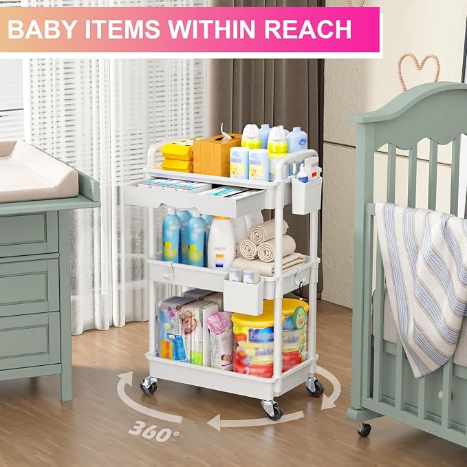 Goovilla 3 Tier Rolling Utility Cart Organizer with Removable Drawer, White | Stable and Sturdy Rolling Storage Carts with 2 Lockable Wheels for Bathroom, Kitchen, Snack, Craft, Makeup, Baby Essentials