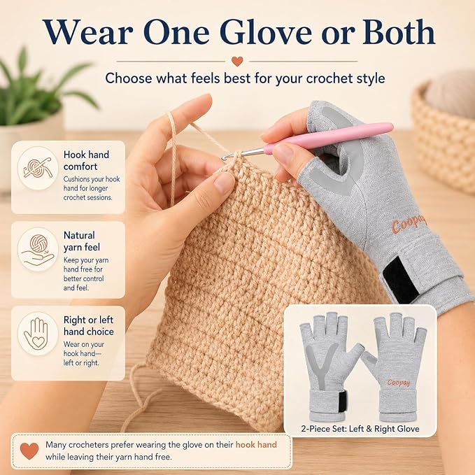 Coopay Crochet Gloves, Fingerless Compression Gloves with Anti-Slip Grip, M | Ergonomic Crochet Accessories for Hook Control, Knitting & Crafting, Left and Right Hand Design, 2 Pcs
