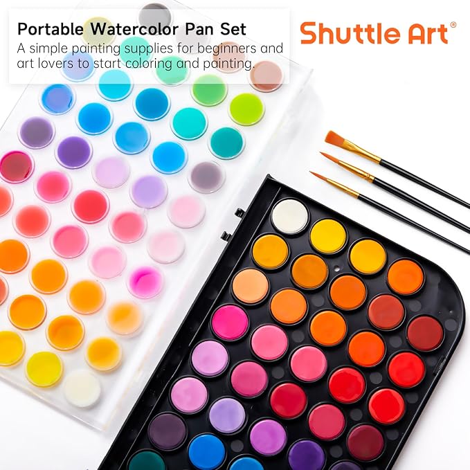 Shuttle Art Watercolor Paint Set, 48 Colors Watercolor Paint Pan Set with 3 Paint Brushes for Beginners, Artists, Kids & Adults for Painting, Journaling, Calligraphy Practice