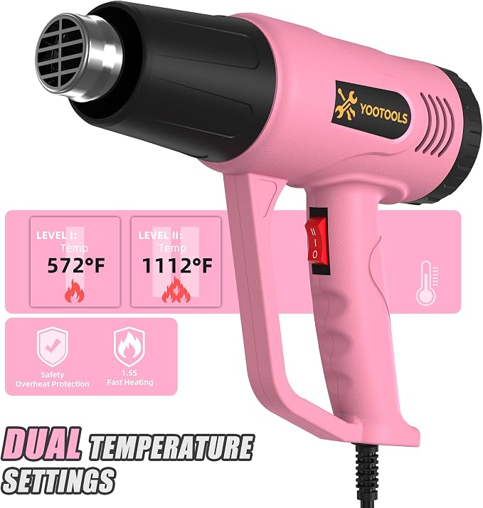 Pink Digital Heat Gun 900W Kit, 100-650°C Adjustable Hot Air Gun