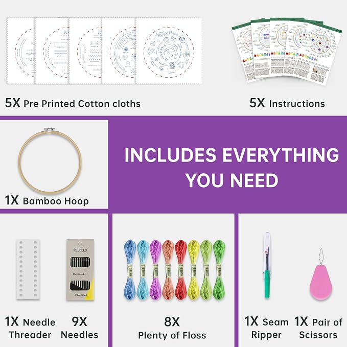 CYANFOUR 5 Stage Starter Embroidery Kit Easy to Learn from Video & Guidance | Easy to Learn 33 Different Stitches, Includes Multiple Accessories, Gift for Craft Lovers
