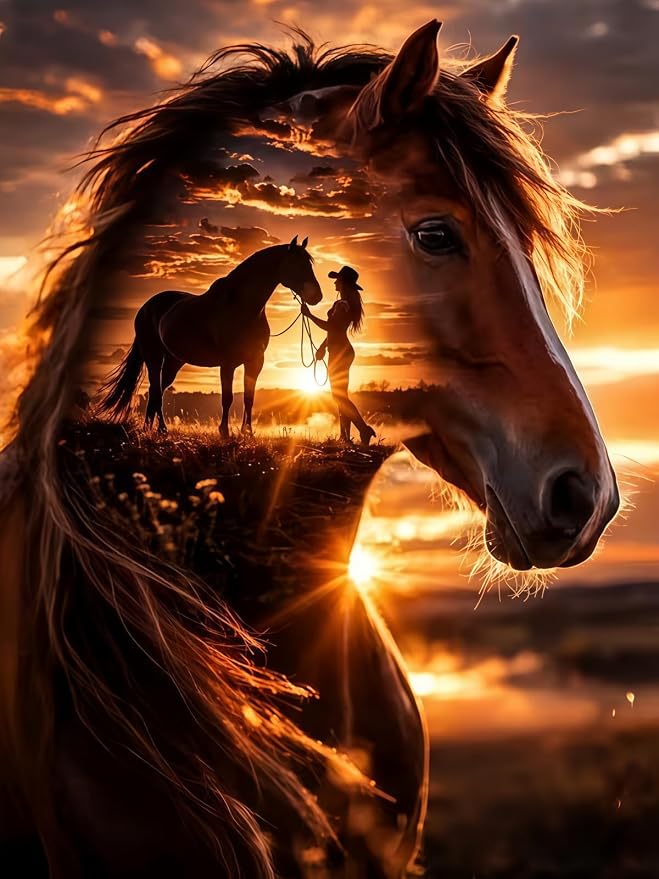 BYGFHLYW Horse Sunset Diamond Painting Kit for Adults, Diamond Art 12X16In | 5D Full Round Drill Diomond Dot Gem Painting for Country Farm Wall Decor Present