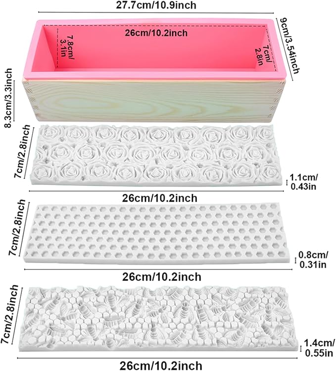 Loaf Soap Making Kit, 44oz Silicone Soap Making Liner Wood Box with Beehive & Hexagon & Rose Mat Creative Honeycomb Mat Mold for DIY Soap Making (Purple & Pink) (Purple Mold-Hexagon)