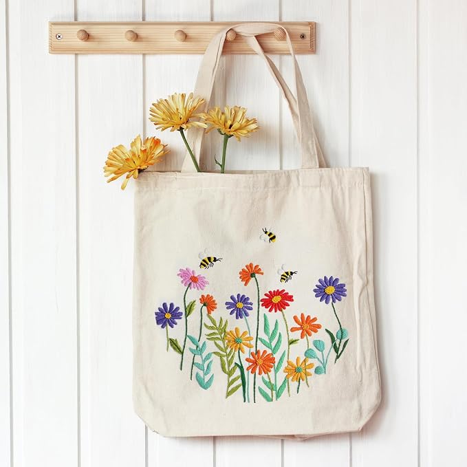 Louise Maelys Bee and Flowers Embroidery Kit for Beginners Canvas Tote Bag