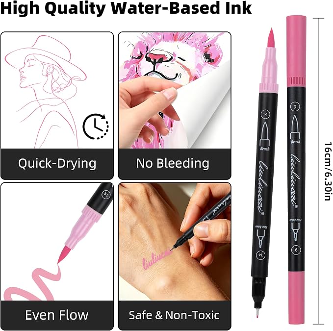 LIULIUCAI 10 Pink Dual Markers, Fine & Brush Tip Pen for Adult Coloring