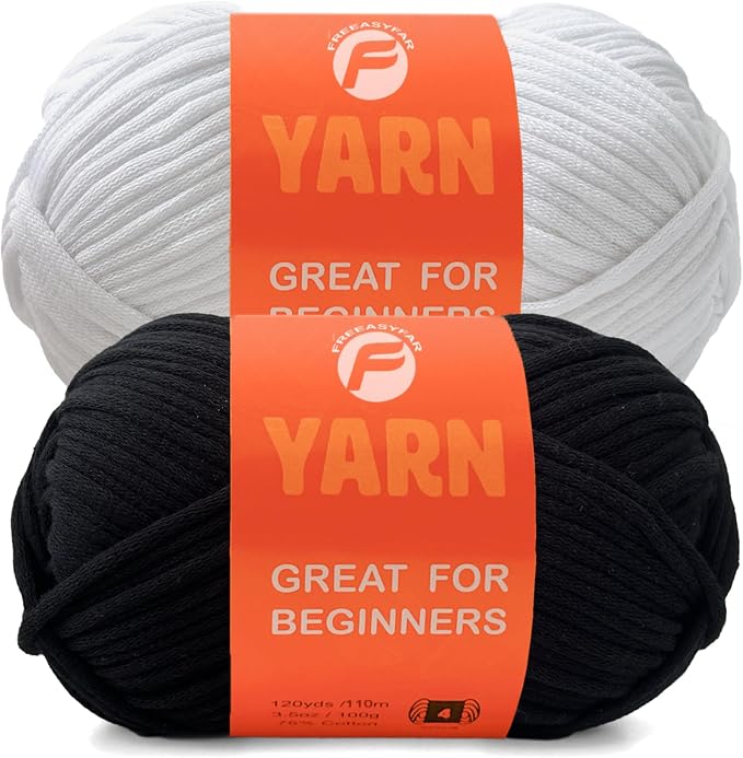 2 x 3.5Oz Yarn for Crocheting and Knitting;Worsted-Weight Medium #4;Cotton Blend Yarn for Beginners with Easy-to-See Sitches,Great for Amigurumi DIY (Black+White)