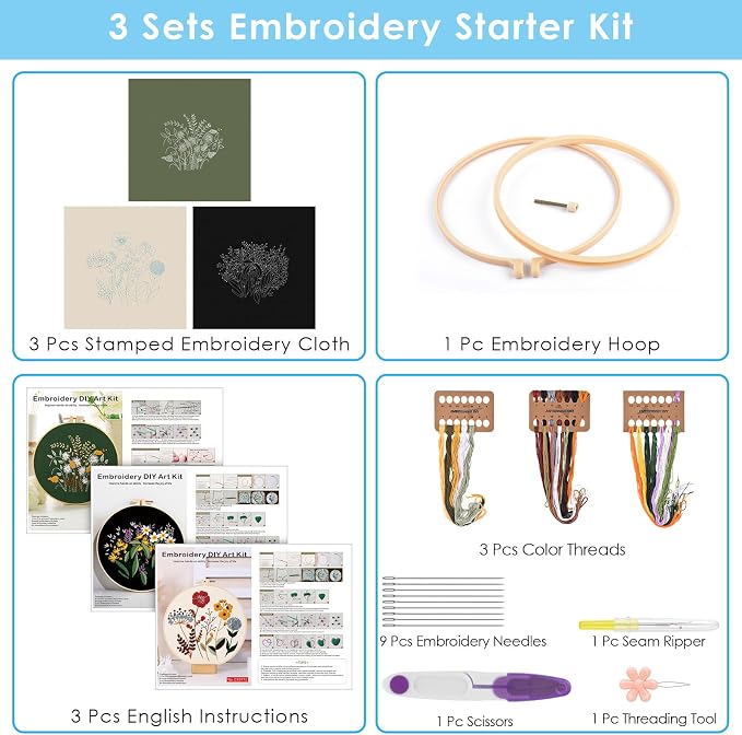 ERKOON 3 Sets Embroidery Kit, Floral Cross Stitch Set for Include Embroidery Cloth Hoops Threads for Craft Lover Hand Stitch (Plants & Flowers)