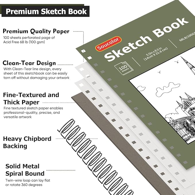 Soucolor Small Sketchbook 5.5" x 8.5", 2 Pack Mini White Sketch Book | Spiral-Bound Sketch Pads, 100 Sheets Acid-Free 68lb/100gsm Thick Drawing Paper for Kids Adults & Beginners Art Class Supplies