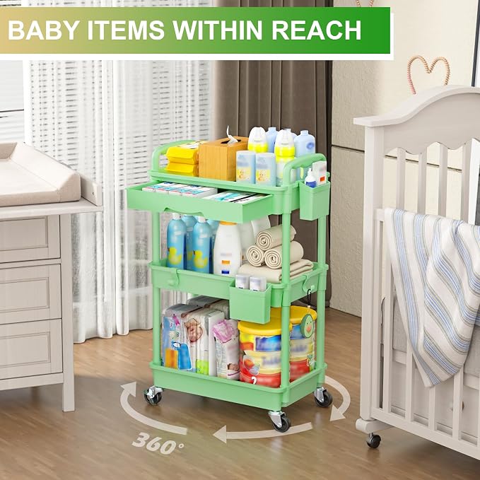 Goovilla 3 Tier Rolling Utility Cart Organizer with Removable Drawer, Green | Stable and Sturdy Rolling Storage Carts with 2 Lockable Wheels for Bathroom, Kitchen, Snack, Craft, Makeup, Baby Essentials