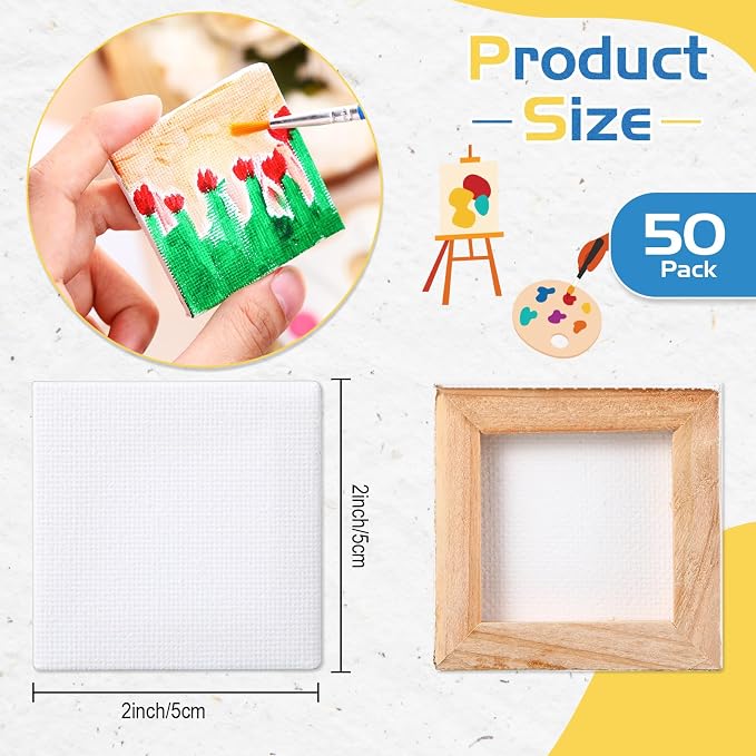 Maitys 50 Pcs 2 x 2 Inch Mini Canvas Panels Bulk Small Stretched Canvas Blank Square Boards for Painting Teenagers Art Oil Acrylics Craft