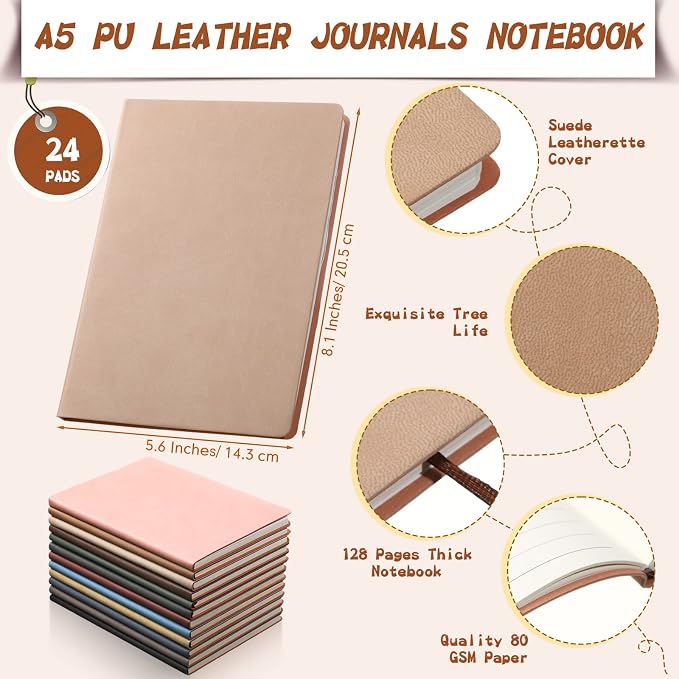 PerKoop 24 Pcs A5 PU Leather Notebooks for Back to School,Morandi Color