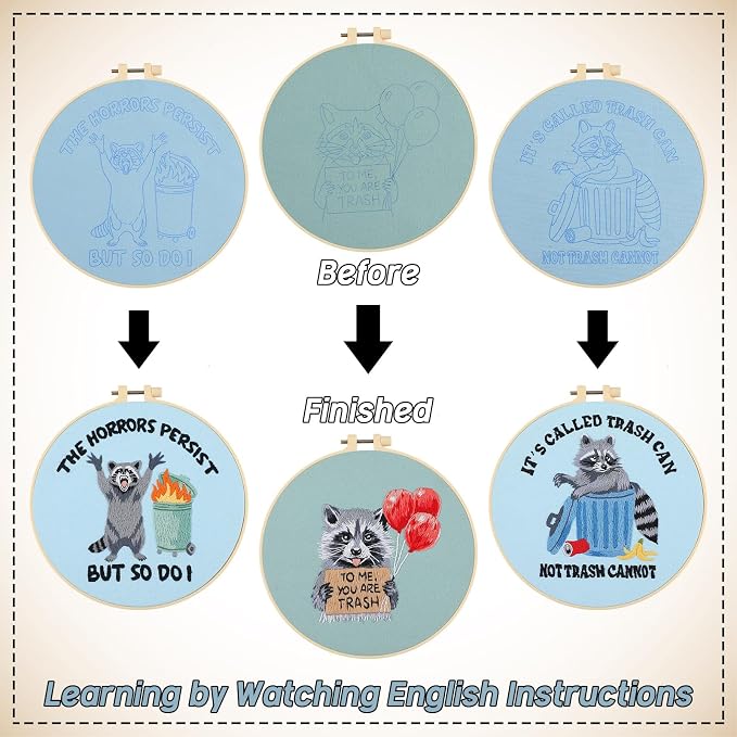 Mindsoft 3 Set Needlepoint Kit for Beginners with Hoop,Raccoon | Bamboo Hoop Thread Needles Instructions, Easy Hand Embroidery for Beginners Home Crafts,Pre-stamped Funny Cute Designs