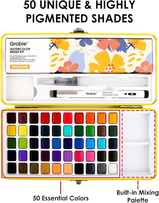 Grabie Set of 50 Color Premium Watercolor Paint Set with Detail Brushes | High Pigment Paints, Rich Color Mixing, Portable Travel Case, All-In-One Art Kit, Watercolor Painting
