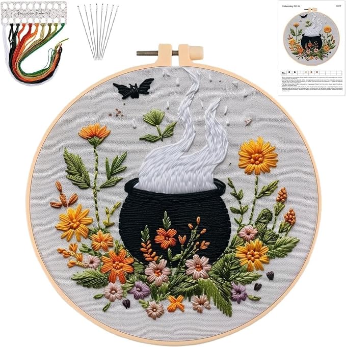 YOUDRN Halloween Embroidery Kit, Halloween Pot Cross Stitch Kit