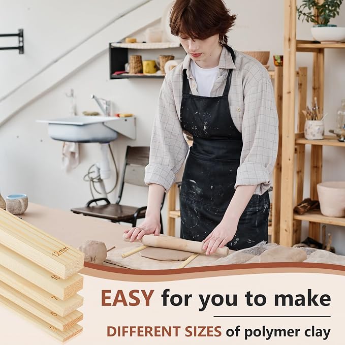 Sasylvia 20 Pcs Clay Pottery Rolling Pin Guides,10 Size,Wood Color | Wooden, Teaching Rolling Mud Stick Guide, Polymer Clay Depth Thickness Guide, Pottery Mudboard Tool