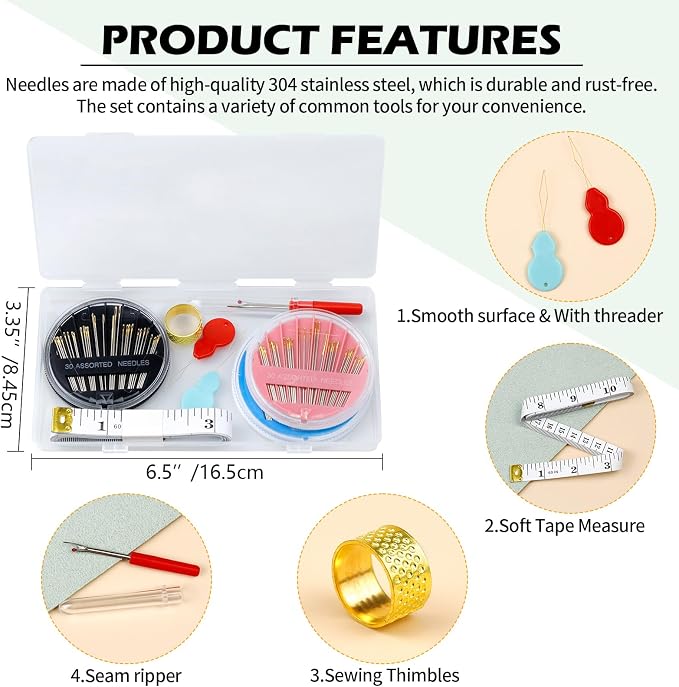 FIVEIZERO Premium Hand Sewing Needles Set,90-Count Assorted Embroidery Needles with threaders,Thread Removal Knife, Thimble,Soft Tape Measure for Hand Sewing Repair