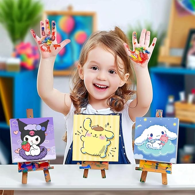 4 Pack Cartoon Paint by Numbers Kit for Kids with Frame Wooden Easel | Cute Kids Paint by Numbers Ages 4 8 12, DIY Acrylic Oil Painting for Home Wall Decor (8x8 inch)