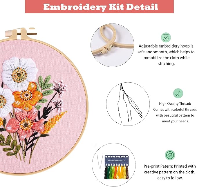 GLTAYLMY Embroidery Kit for Beginners Adults,3 Pack Cross Stitch Kits with 1 Plastic Embroidery Hoops,Needles and Color Threads,Needlepoint Kit for Hand Embroidery Starter